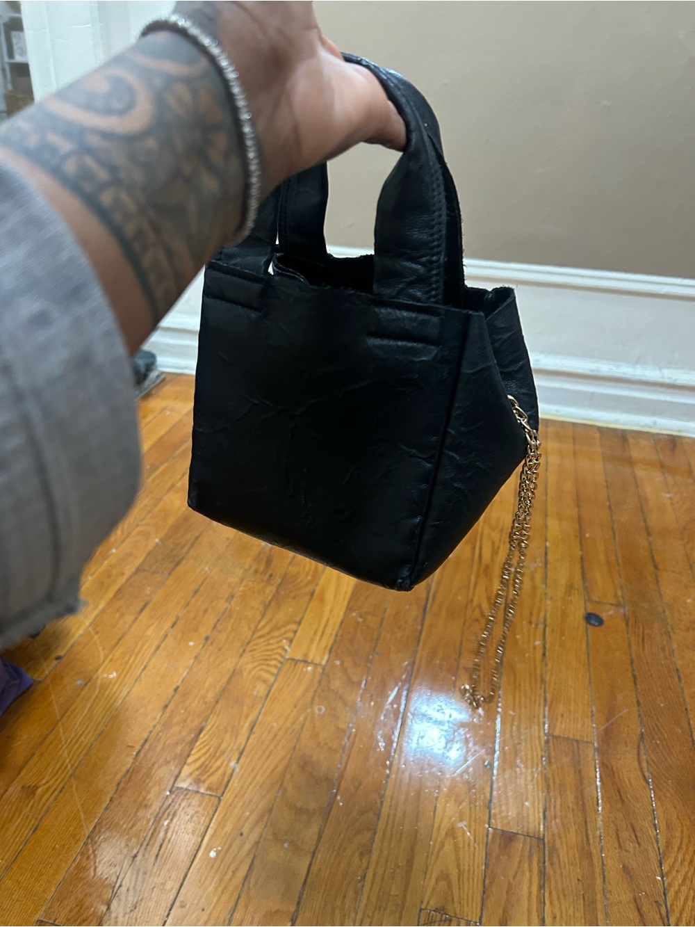Acne Black Mini Tote with Gold Chain Accent. I added the chain
